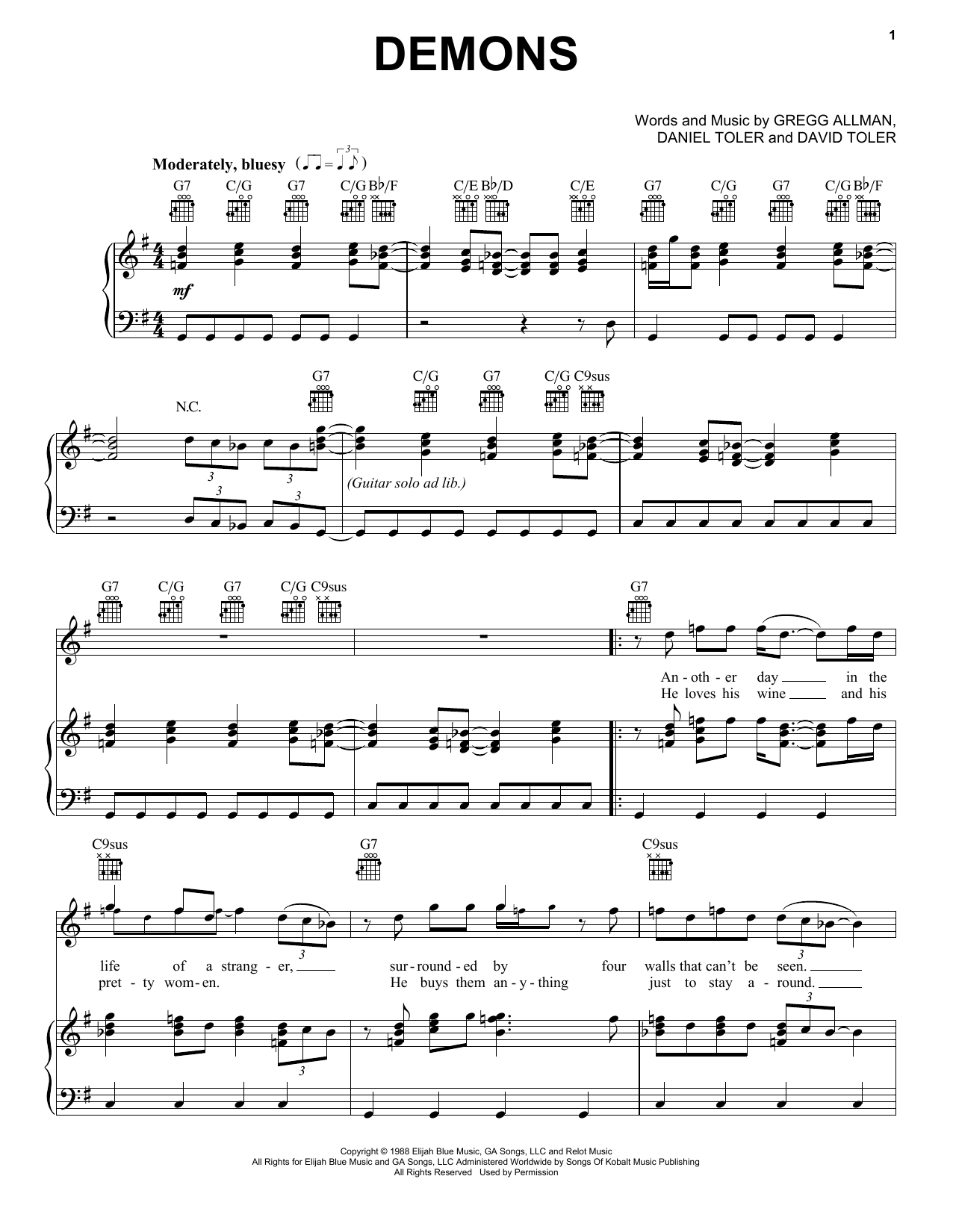 The Gregg Allman Band Demons Sheet Music Notes & Chords for Piano, Vocal & Guitar (Right-Hand Melody) - Download or Print PDF