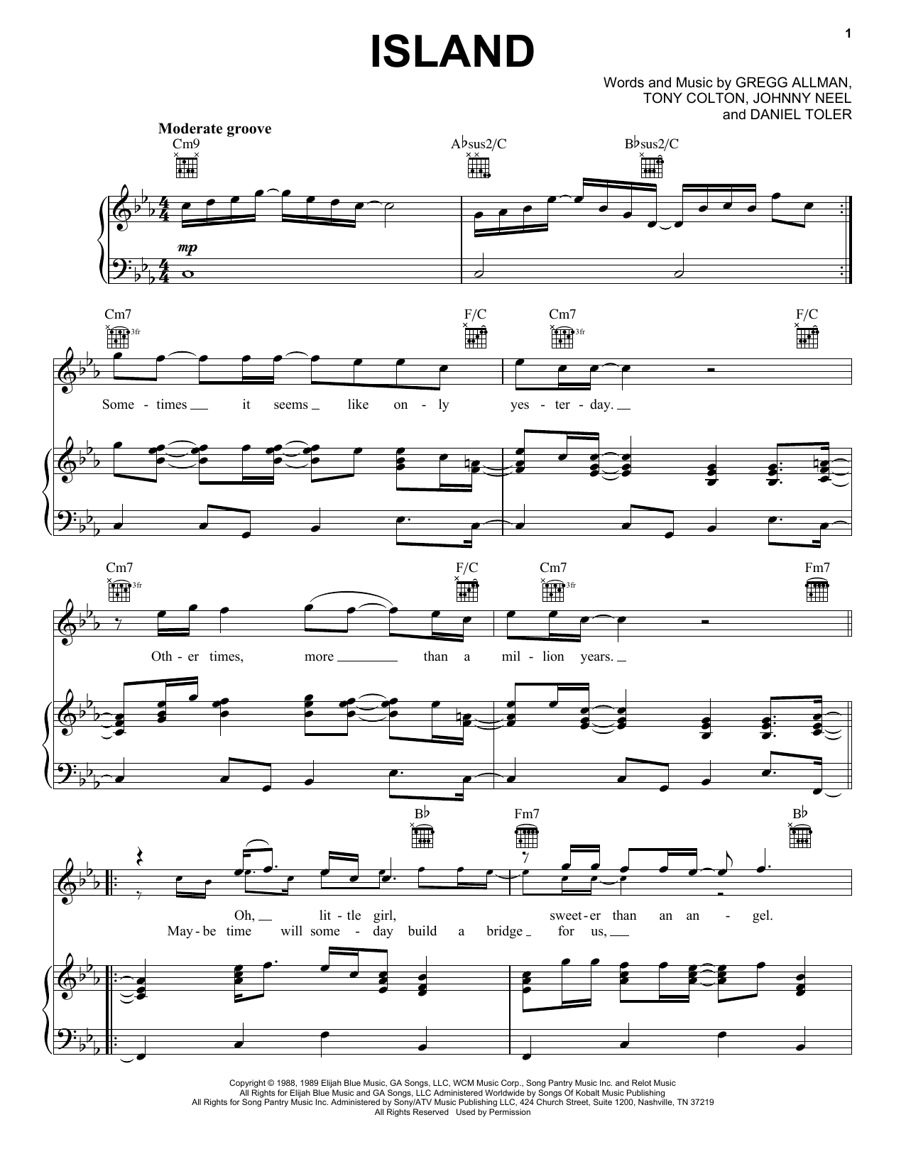 The Gregg Allman Band Island Sheet Music Notes & Chords for Piano, Vocal & Guitar (Right-Hand Melody) - Download or Print PDF