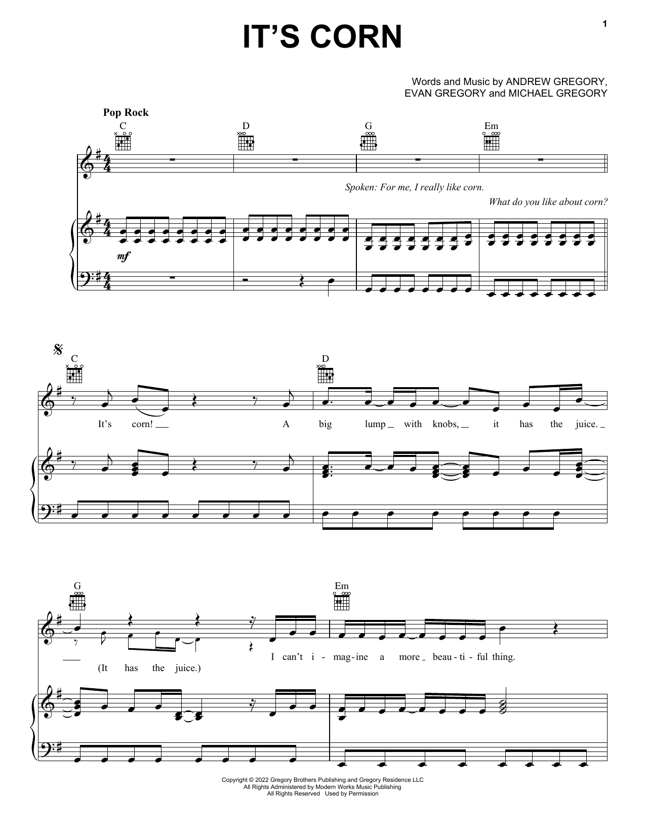 The Gregory Brothers It's Corn (feat. Tariq) Sheet Music Notes & Chords for Piano, Vocal & Guitar Chords (Right-Hand Melody) - Download or Print PDF