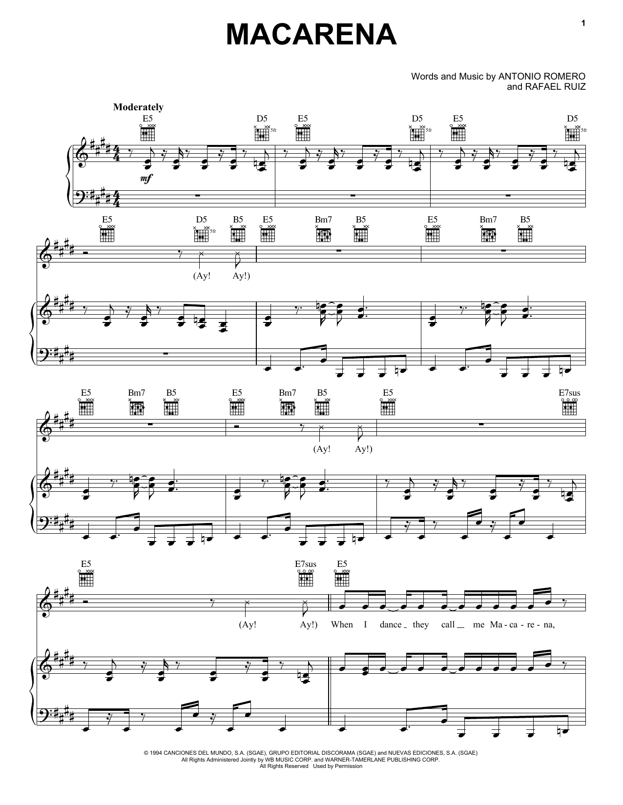 The Groovegrass Boyz Macarena Sheet Music Notes & Chords for Piano, Vocal & Guitar (Right-Hand Melody) - Download or Print PDF