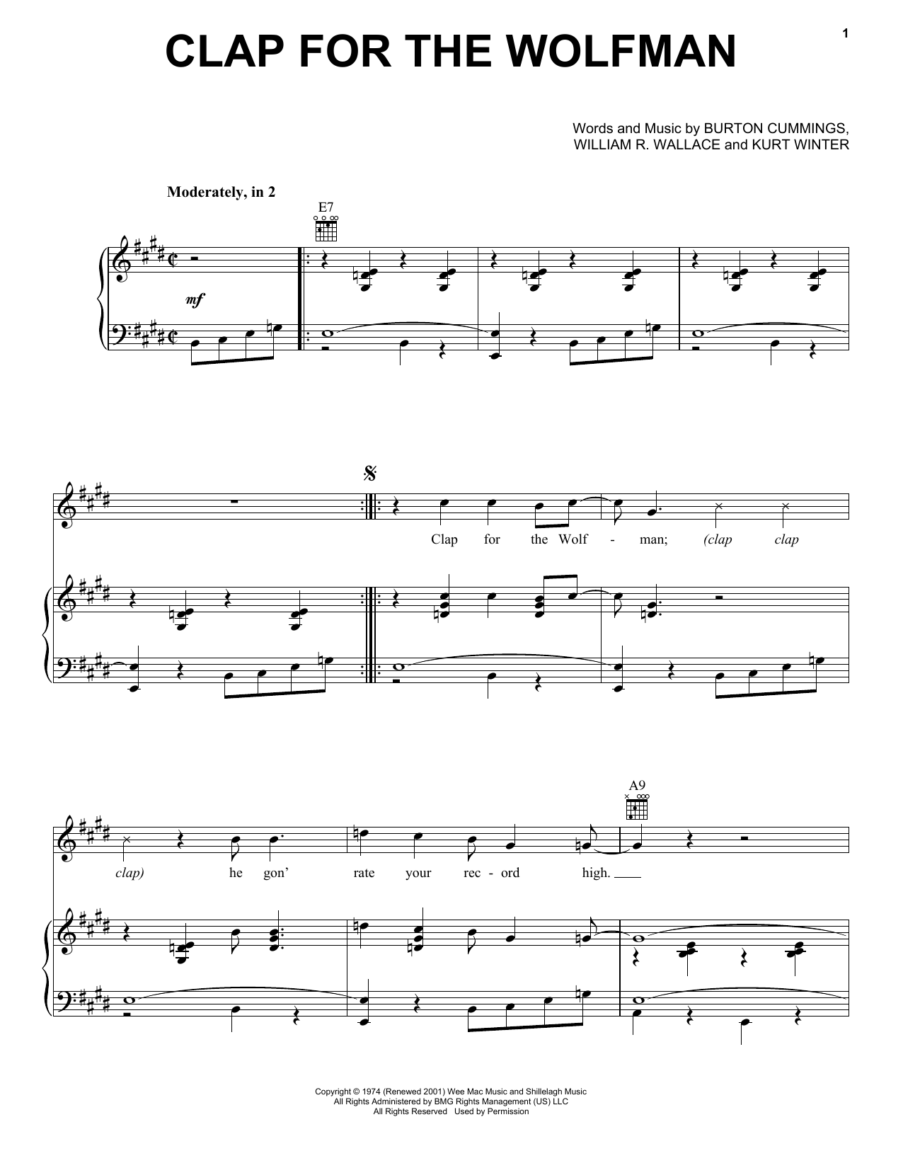 The Guess Who Clap For The Wolfman Sheet Music Notes & Chords for Piano, Vocal & Guitar (Right-Hand Melody) - Download or Print PDF