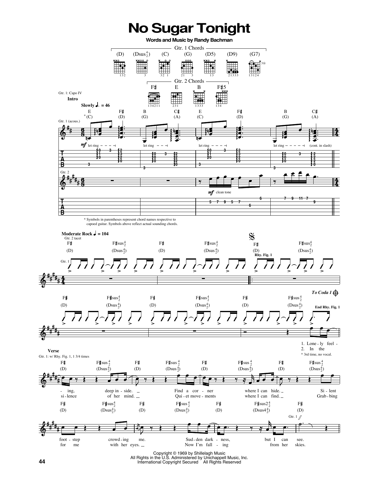 The Guess Who No Sugar Tonight Sheet Music Notes & Chords for Guitar Tab - Download or Print PDF