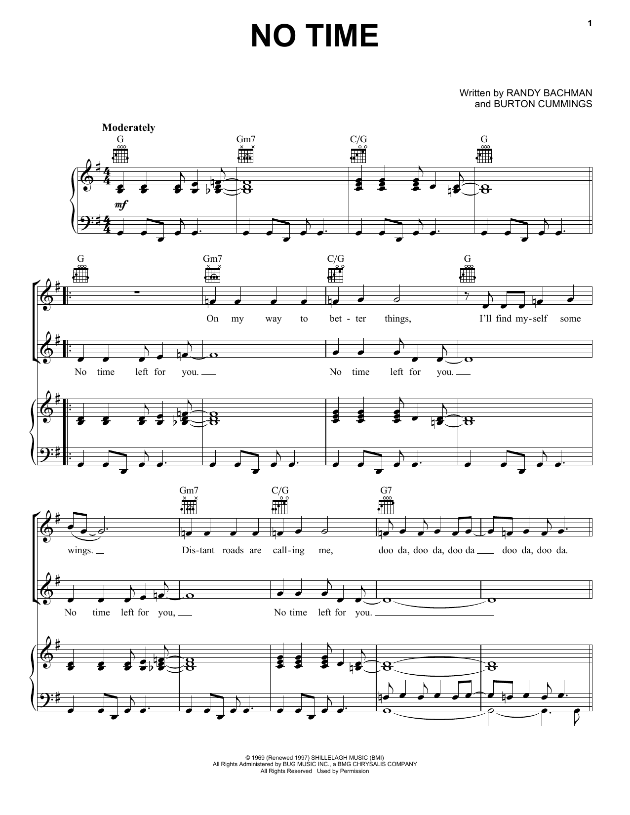 The Guess Who No Time Sheet Music Notes & Chords for Piano, Vocal & Guitar (Right-Hand Melody) - Download or Print PDF