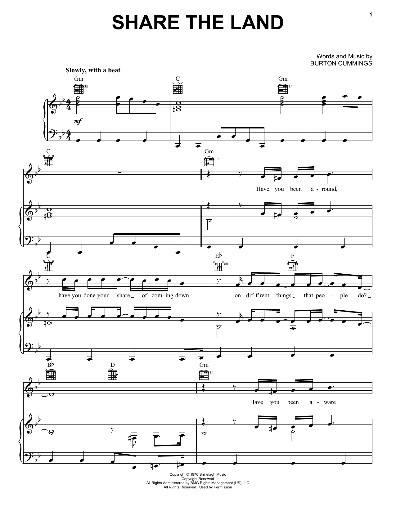 The Guess Who Share The Land Sheet Music Notes & Chords for Piano, Vocal & Guitar (Right-Hand Melody) - Download or Print PDF