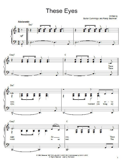 The Guess Who These Eyes Sheet Music Notes & Chords for Piano, Vocal & Guitar (Right-Hand Melody) - Download or Print PDF