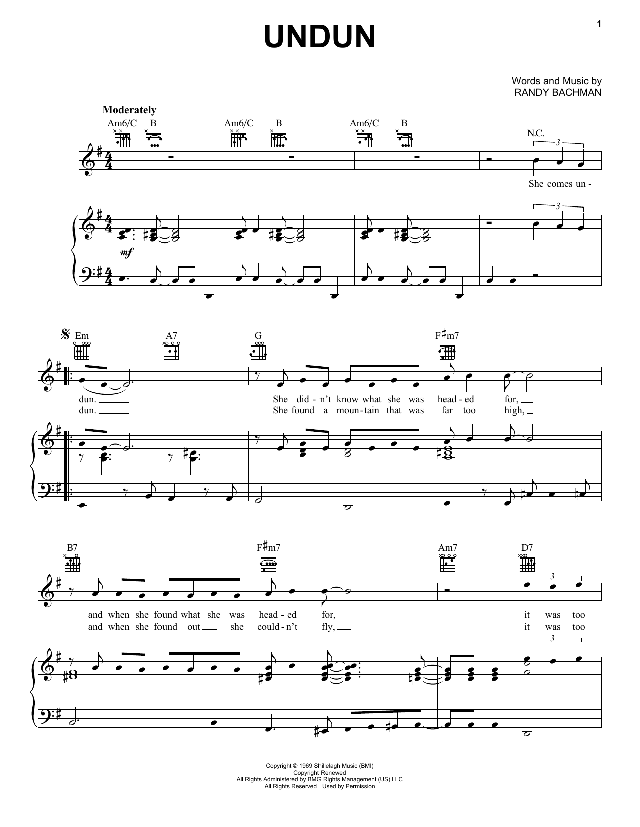 The Guess Who Undun Sheet Music Notes & Chords for Piano, Vocal & Guitar (Right-Hand Melody) - Download or Print PDF