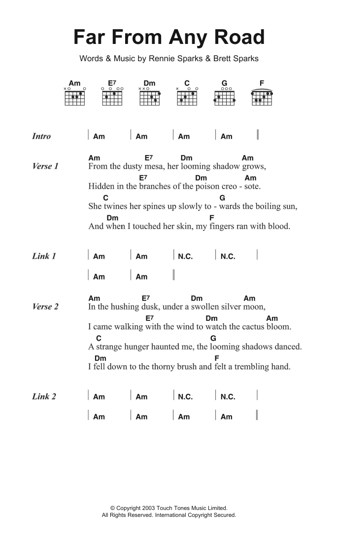 The Handsome Family Far From Any Road Sheet Music Notes & Chords for Lyrics & Chords - Download or Print PDF