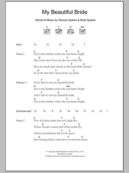 The Handsome Family My Beautiful Bride Sheet Music Notes & Chords for Lyrics & Chords - Download or Print PDF