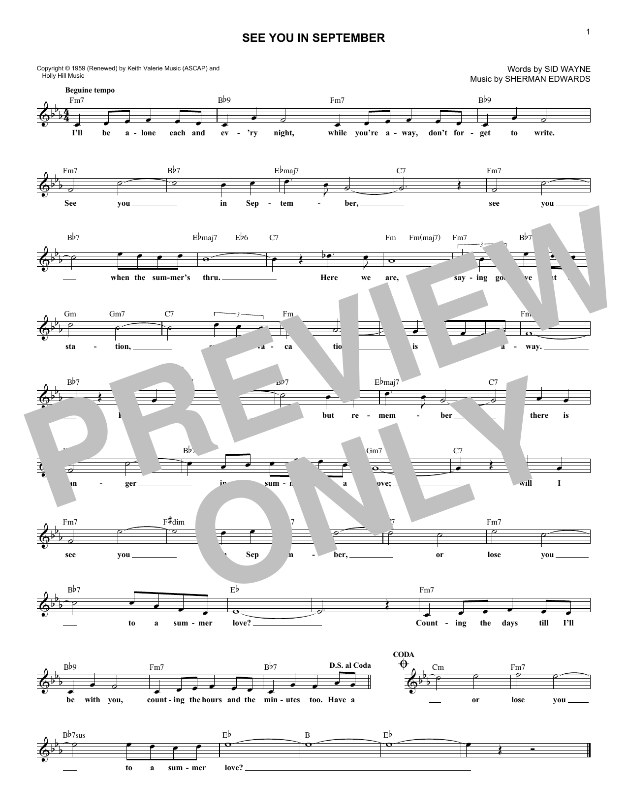 The Happenings See You In September Sheet Music Notes & Chords for Melody Line, Lyrics & Chords - Download or Print PDF