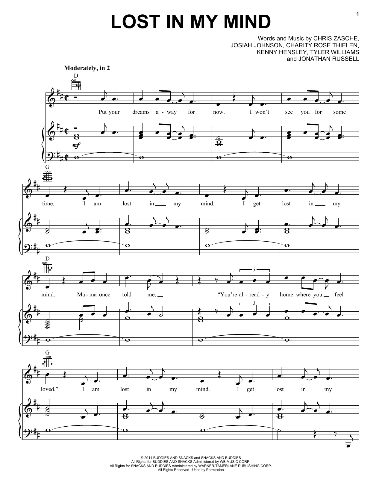The Head And The Heart Lost In My Mind Sheet Music Notes & Chords for Piano, Vocal & Guitar (Right-Hand Melody) - Download or Print PDF