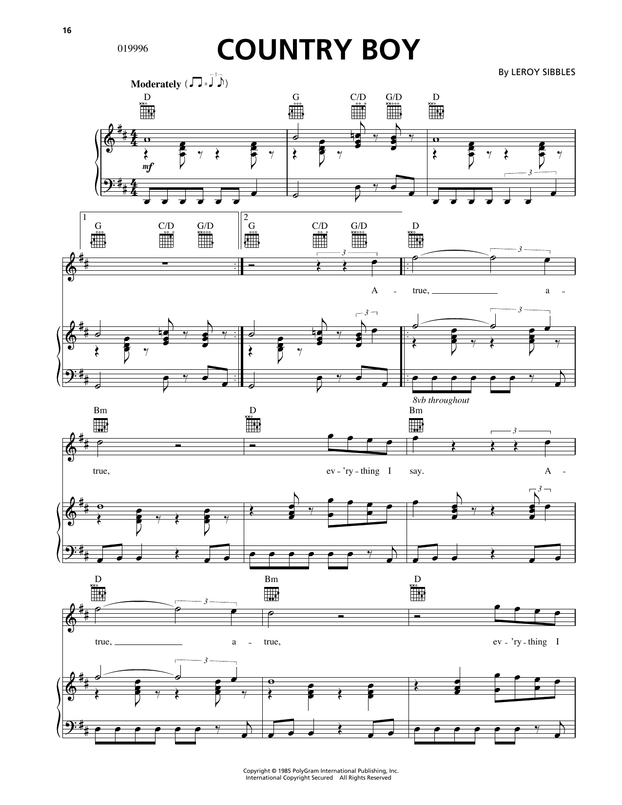 The Heptones Country Boy Sheet Music Notes & Chords for Piano, Vocal & Guitar Chords (Right-Hand Melody) - Download or Print PDF