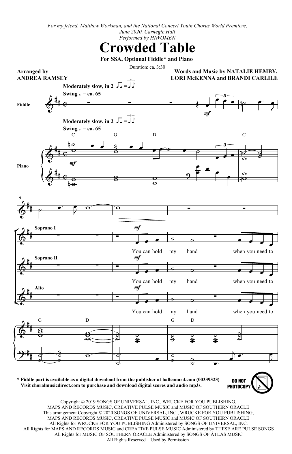 The Highwomen Crowded Table (arr. Andrea Ramsey) Sheet Music Notes & Chords for SSA Choir - Download or Print PDF