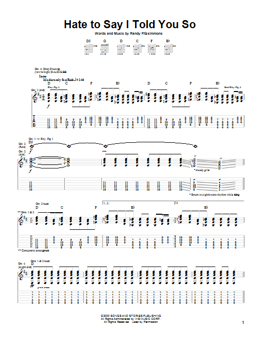 The Hives Hate To Say I Told You So Sheet Music Notes & Chords for Guitar Tab - Download or Print PDF