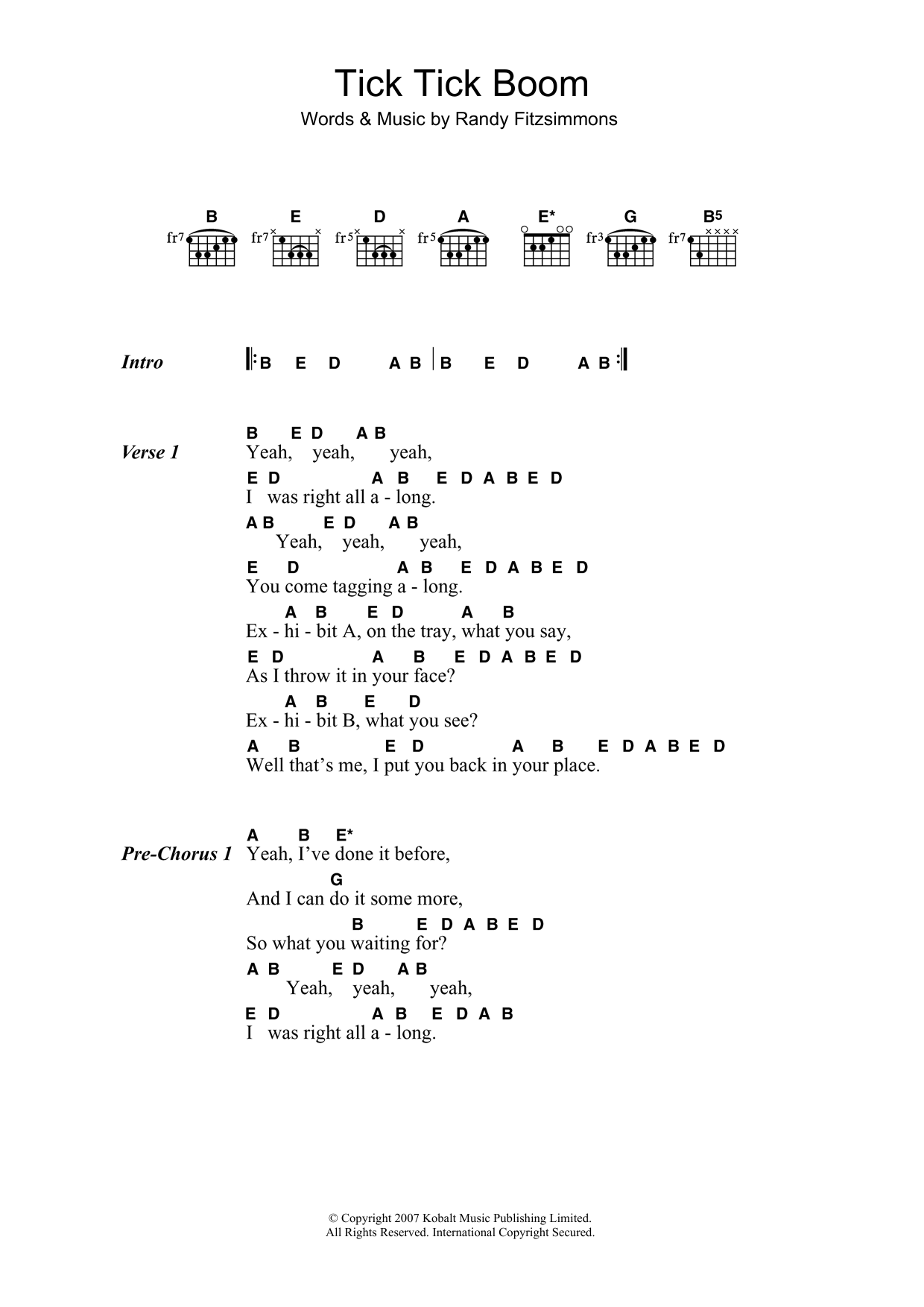 The Hives Tick Tick Boom Sheet Music Notes & Chords for Lyrics & Chords - Download or Print PDF