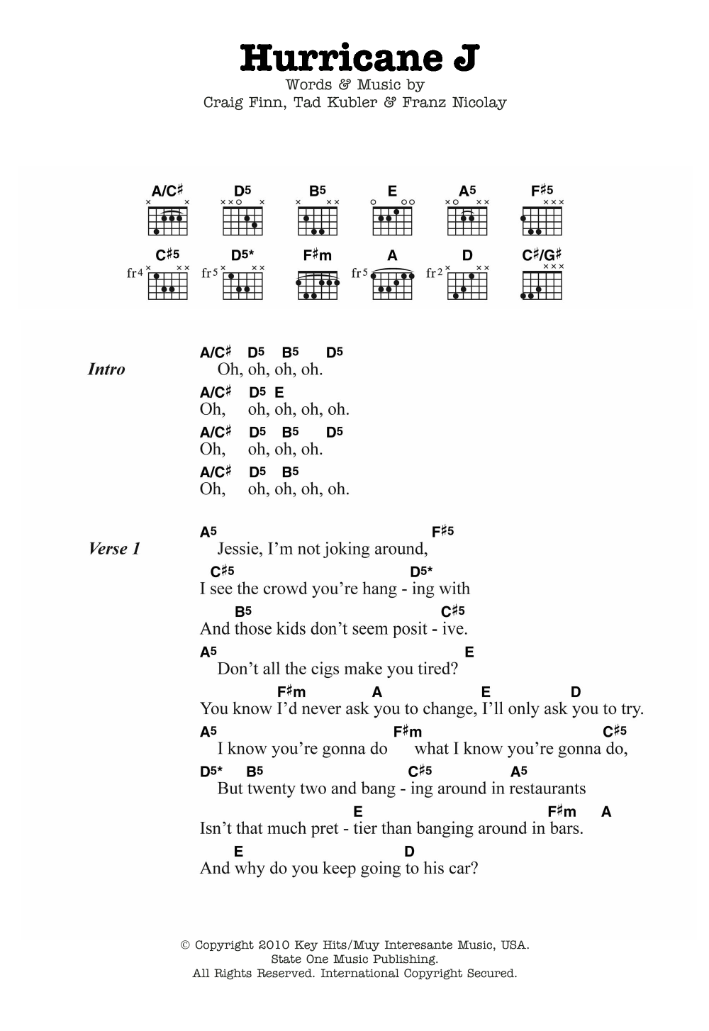 The Hold Steady Hurricane J Sheet Music Notes & Chords for Guitar Chords/Lyrics - Download or Print PDF