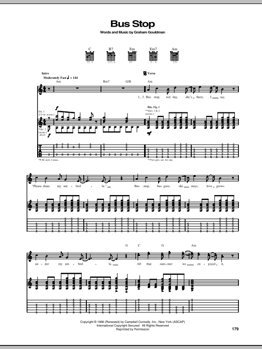The Hollies Bus Stop Sheet Music Notes & Chords for Lyrics & Chords - Download or Print PDF