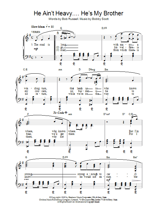 The Hollies He Ain't Heavy, He's My Brother Sheet Music Notes & Chords for Lead Sheet / Fake Book - Download or Print PDF