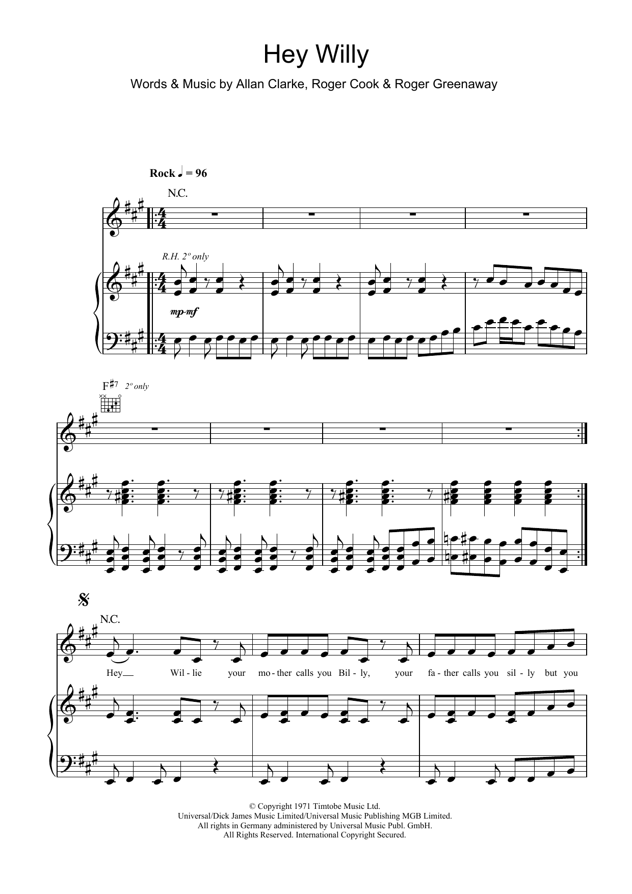 The Hollies Hey Willy Sheet Music Notes & Chords for Piano, Vocal & Guitar (Right-Hand Melody) - Download or Print PDF