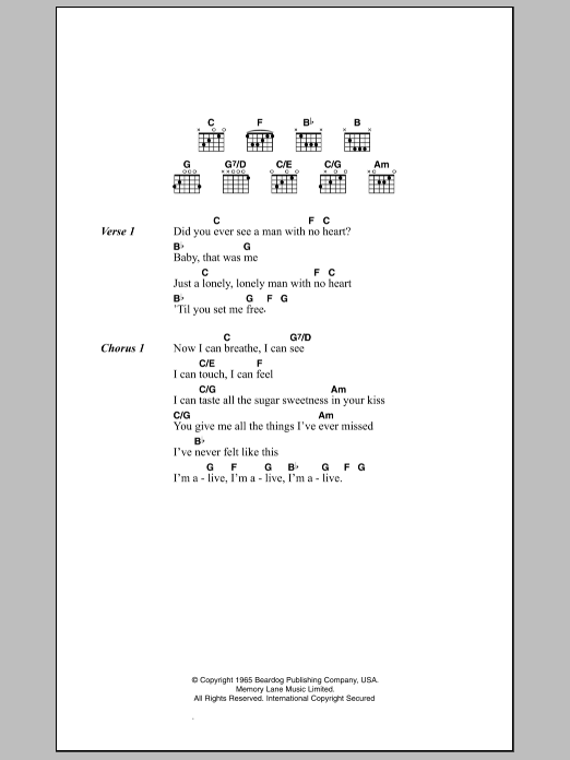 The Hollies I'm Alive Sheet Music Notes & Chords for Lyrics & Chords - Download or Print PDF