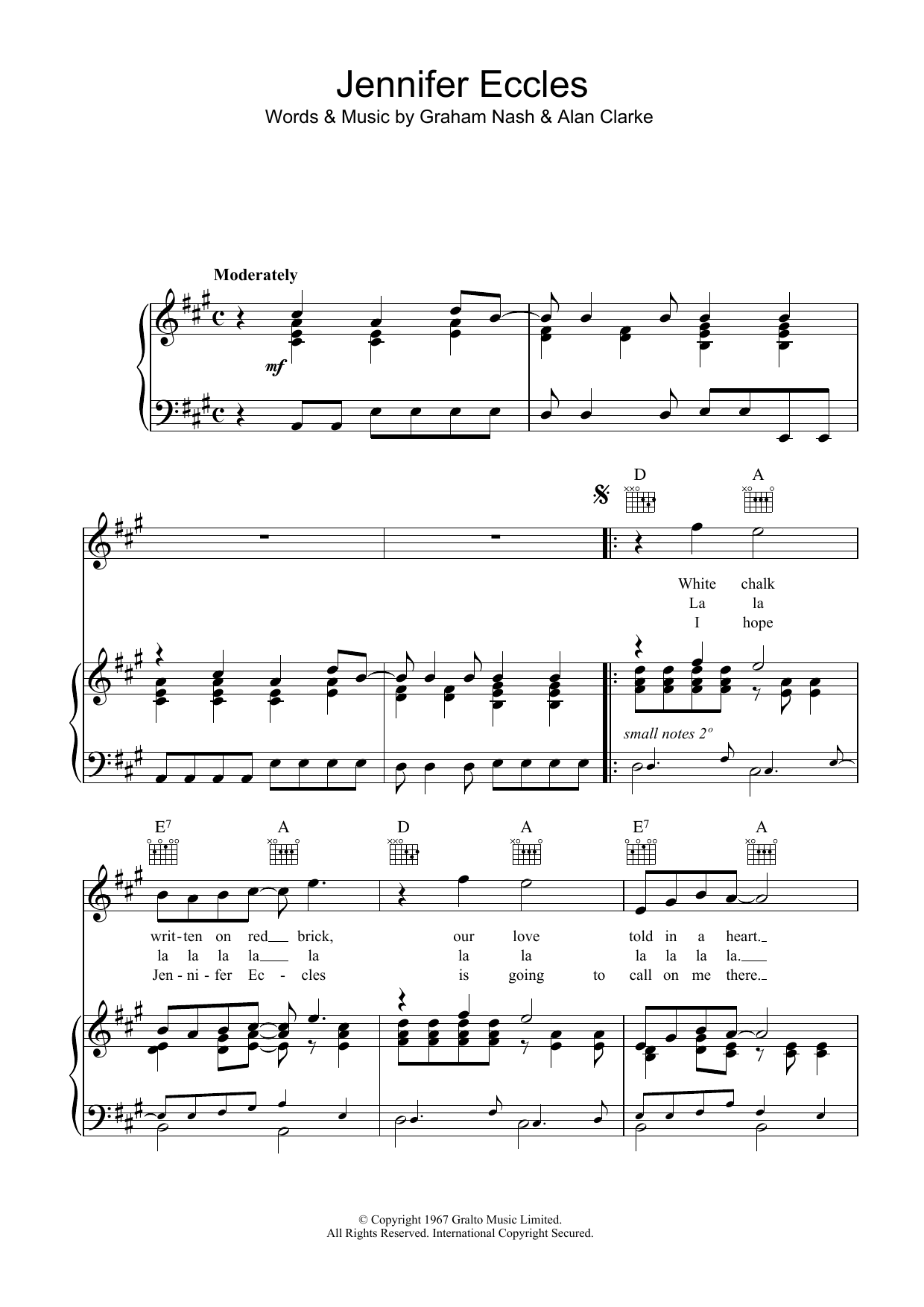 The Hollies Jennifer Eccles Sheet Music Notes & Chords for Piano, Vocal & Guitar (Right-Hand Melody) - Download or Print PDF