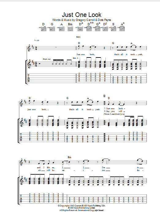 The Hollies Just One Look Sheet Music Notes & Chords for Lyrics & Chords - Download or Print PDF