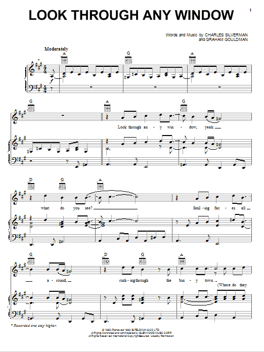 The Hollies Look Through Any Window Sheet Music Notes & Chords for Piano, Vocal & Guitar (Right-Hand Melody) - Download or Print PDF