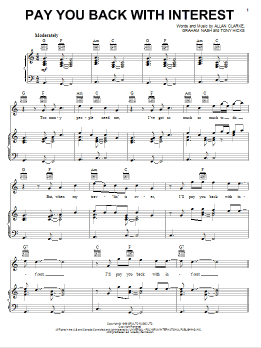 The Hollies Pay You Back With Interest Sheet Music Notes & Chords for Piano, Vocal & Guitar (Right-Hand Melody) - Download or Print PDF