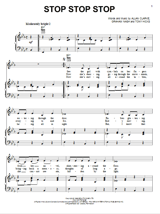 The Hollies Stop Stop Stop Sheet Music Notes & Chords for Piano, Vocal & Guitar (Right-Hand Melody) - Download or Print PDF