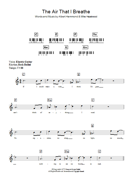 The Hollies The Air That I Breathe Sheet Music Notes & Chords for Keyboard - Download or Print PDF