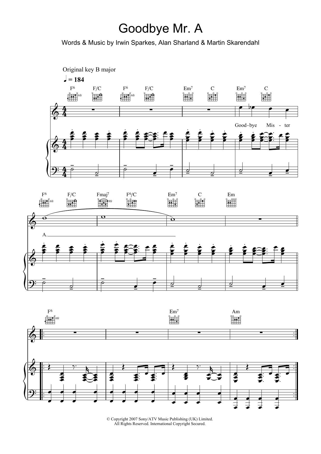 The Hoosiers Goodbye Mr. A Sheet Music Notes & Chords for Keyboard - Download or Print PDF