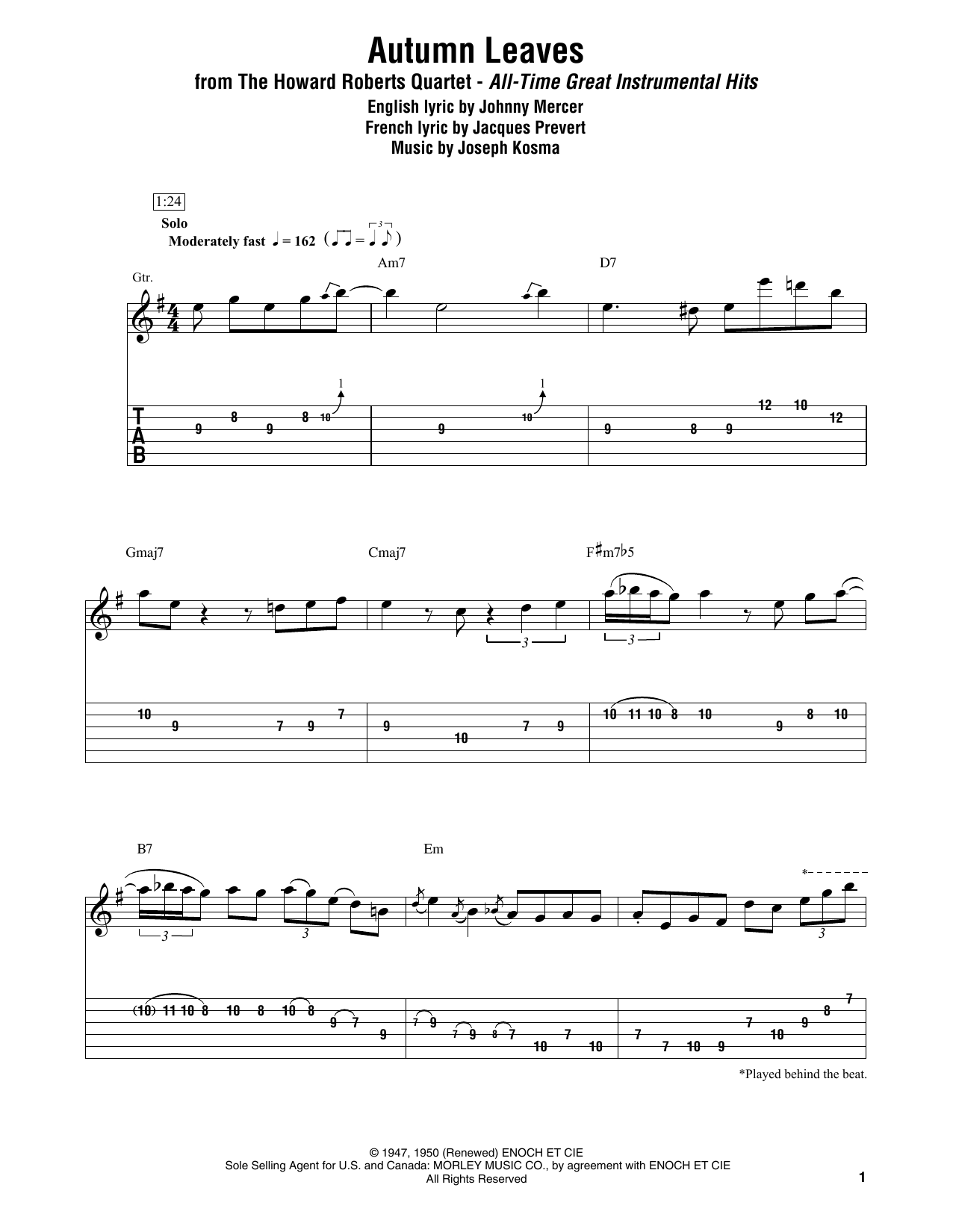 The Howard Roberts Quartet Autumn Leaves Sheet Music Notes & Chords for Electric Guitar Transcription - Download or Print PDF