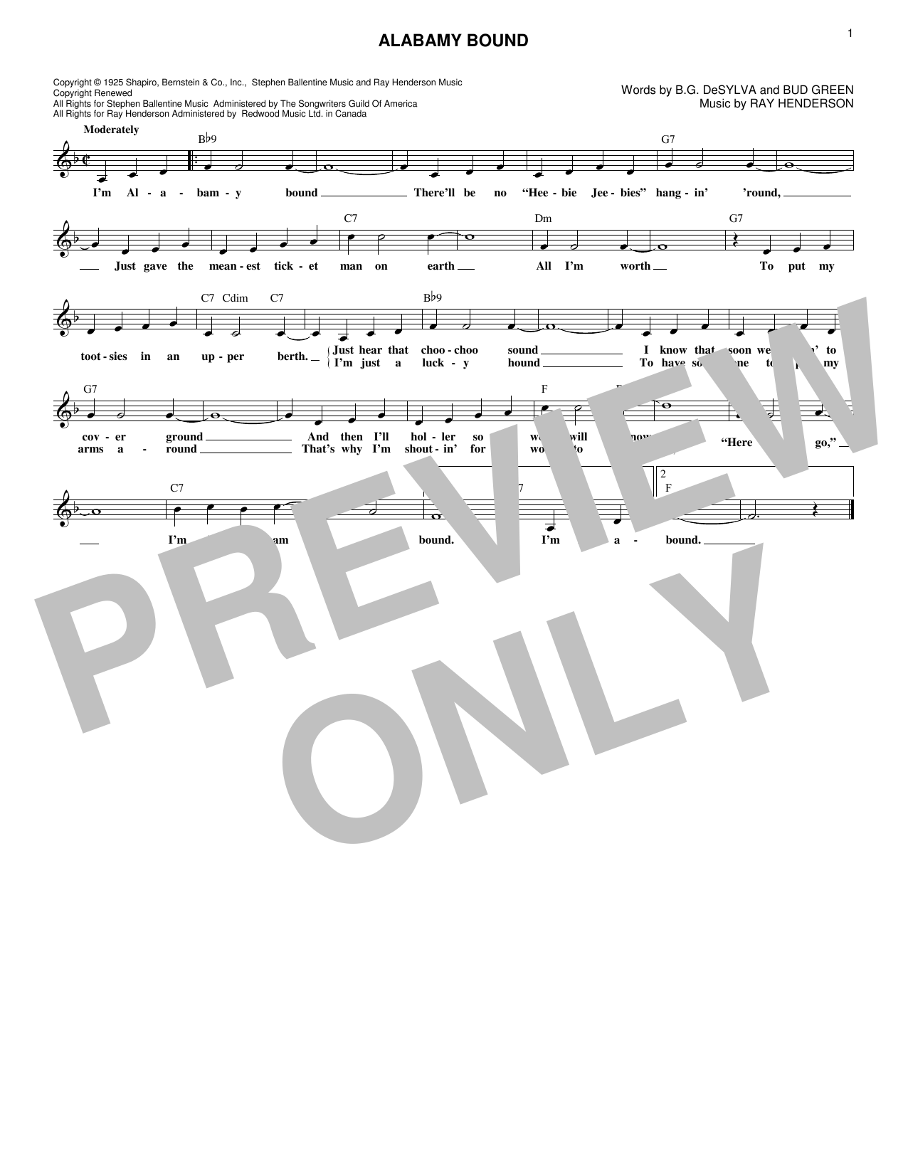 The Ink Spots Alabamy Bound Sheet Music Notes & Chords for Melody Line, Lyrics & Chords - Download or Print PDF