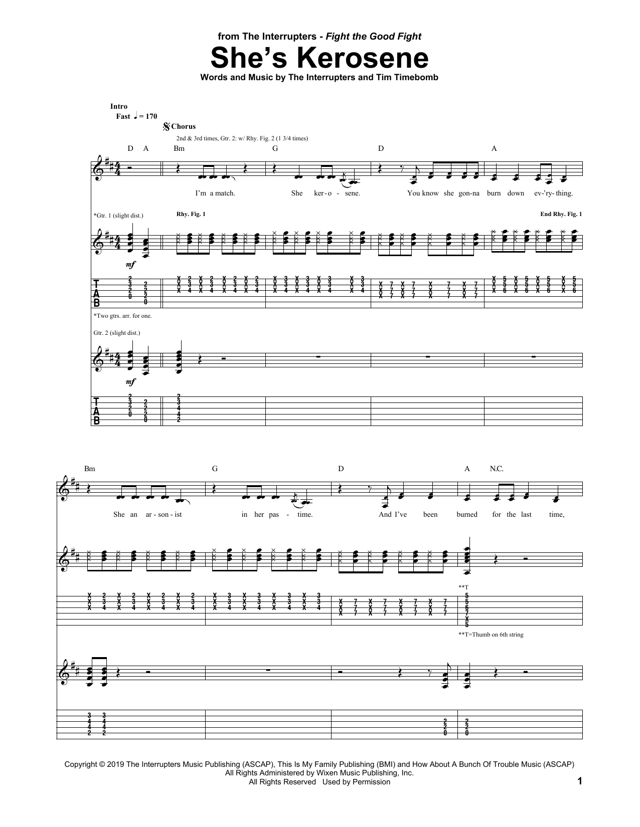 The Interrupters She's Kerosene Sheet Music Notes & Chords for Guitar Tab - Download or Print PDF
