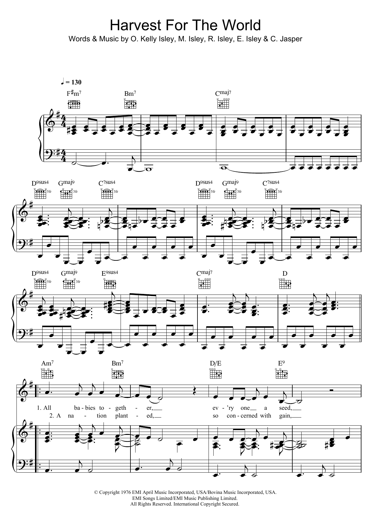 The Isley Brothers Harvest For The World Sheet Music Notes & Chords for Piano, Vocal & Guitar (Right-Hand Melody) - Download or Print PDF