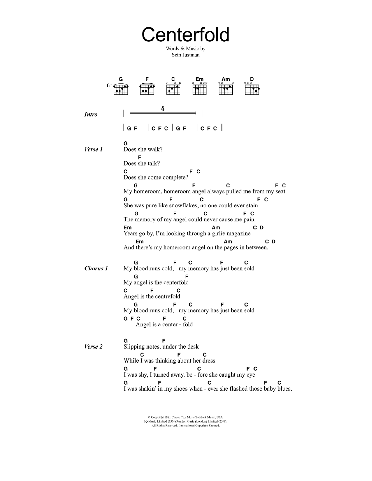 The J. Geils Band Centerfold Sheet Music Notes & Chords for Lyrics & Chords - Download or Print PDF