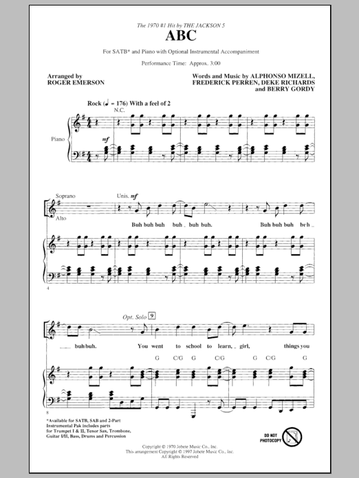 The Jackson 5 ABC (arr. Roger Emerson) Sheet Music Notes & Chords for SAB - Download or Print PDF