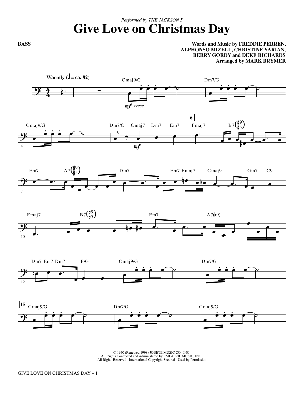 The Jackson 5 Give Love on Christmas Day (arr. Mark Brymer) - Bass Sheet Music Notes & Chords for Choir Instrumental Pak - Download or Print PDF