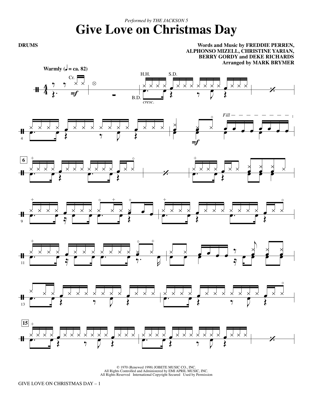 The Jackson 5 Give Love on Christmas Day (arr. Mark Brymer) - Drums Sheet Music Notes & Chords for Choir Instrumental Pak - Download or Print PDF