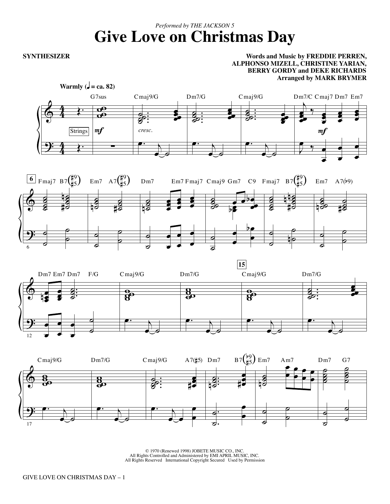The Jackson 5 Give Love on Christmas Day (arr. Mark Brymer) - Synthesizer Sheet Music Notes & Chords for Choir Instrumental Pak - Download or Print PDF