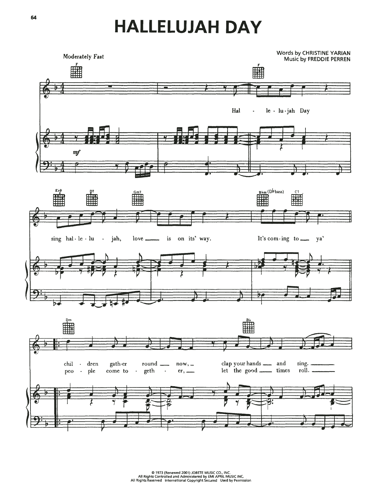 The Jackson 5 Hallelujah Day Sheet Music Notes & Chords for Piano, Vocal & Guitar Chords (Right-Hand Melody) - Download or Print PDF