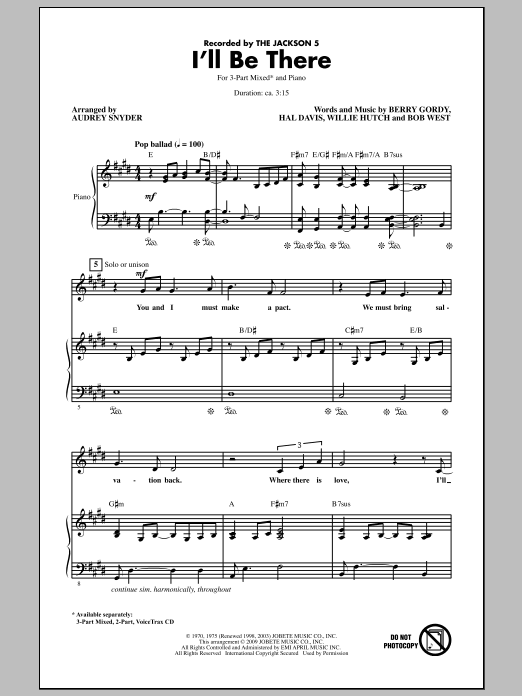 The Jackson 5 I'll Be There (arr. Audrey Snyder) Sheet Music Notes & Chords for 3-Part Mixed - Download or Print PDF