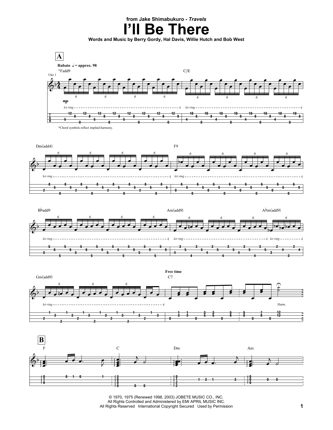 The Jackson 5 I'll Be There (arr. Jake Shimabukuro) Sheet Music Notes & Chords for UKETAB - Download or Print PDF