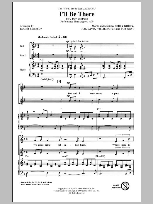 The Jackson 5 I'll Be There (arr. Roger Emerson) Sheet Music Notes & Chords for 2-Part Choir - Download or Print PDF