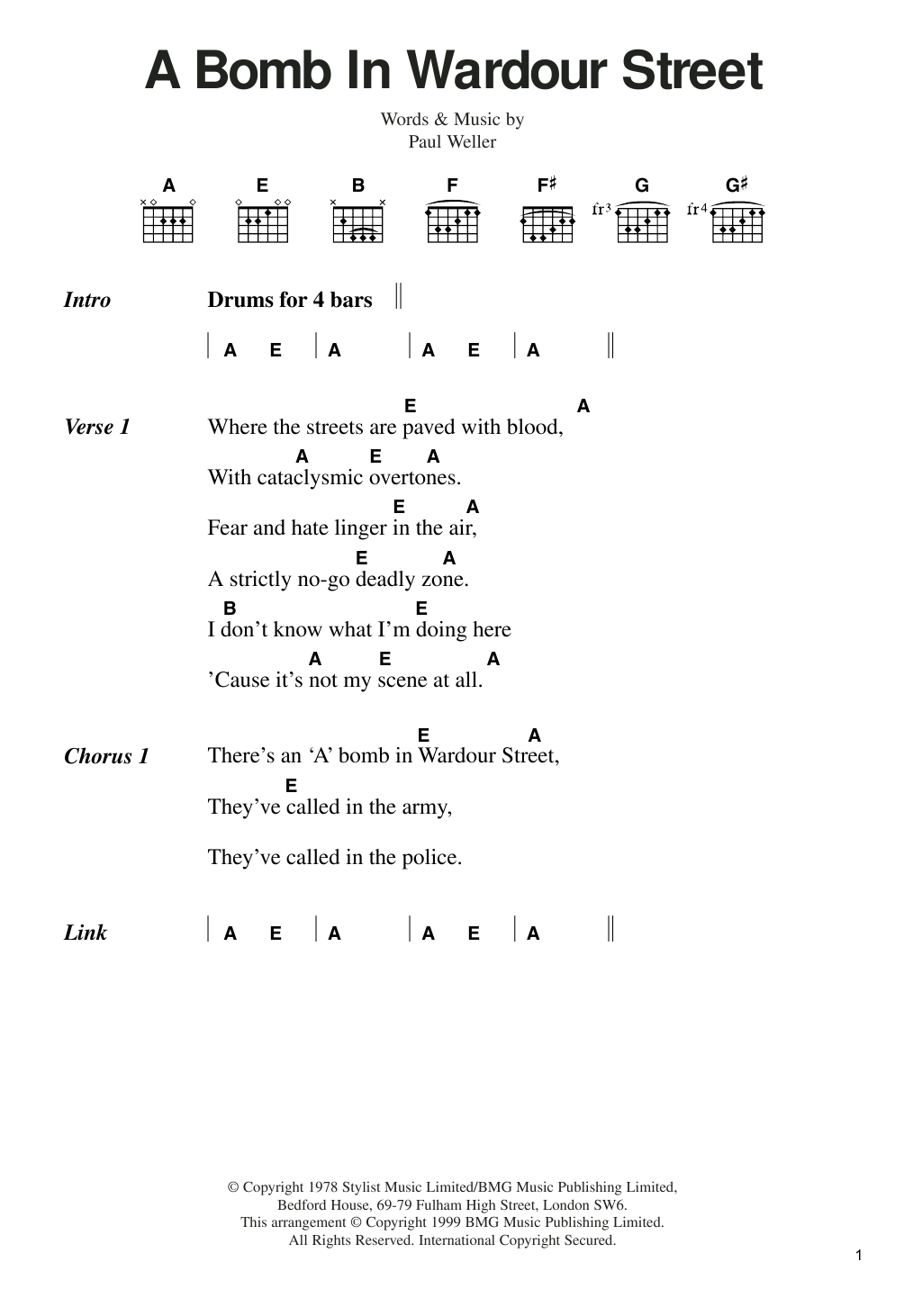 The Jam A Bomb In Wardour Street Sheet Music Notes & Chords for Lyrics & Chords - Download or Print PDF