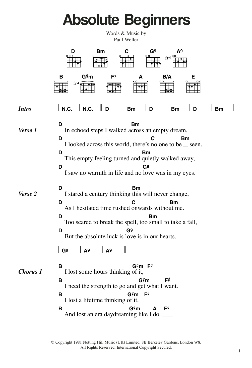 The Jam Absolute Beginners Sheet Music Notes & Chords for Lyrics & Chords - Download or Print PDF