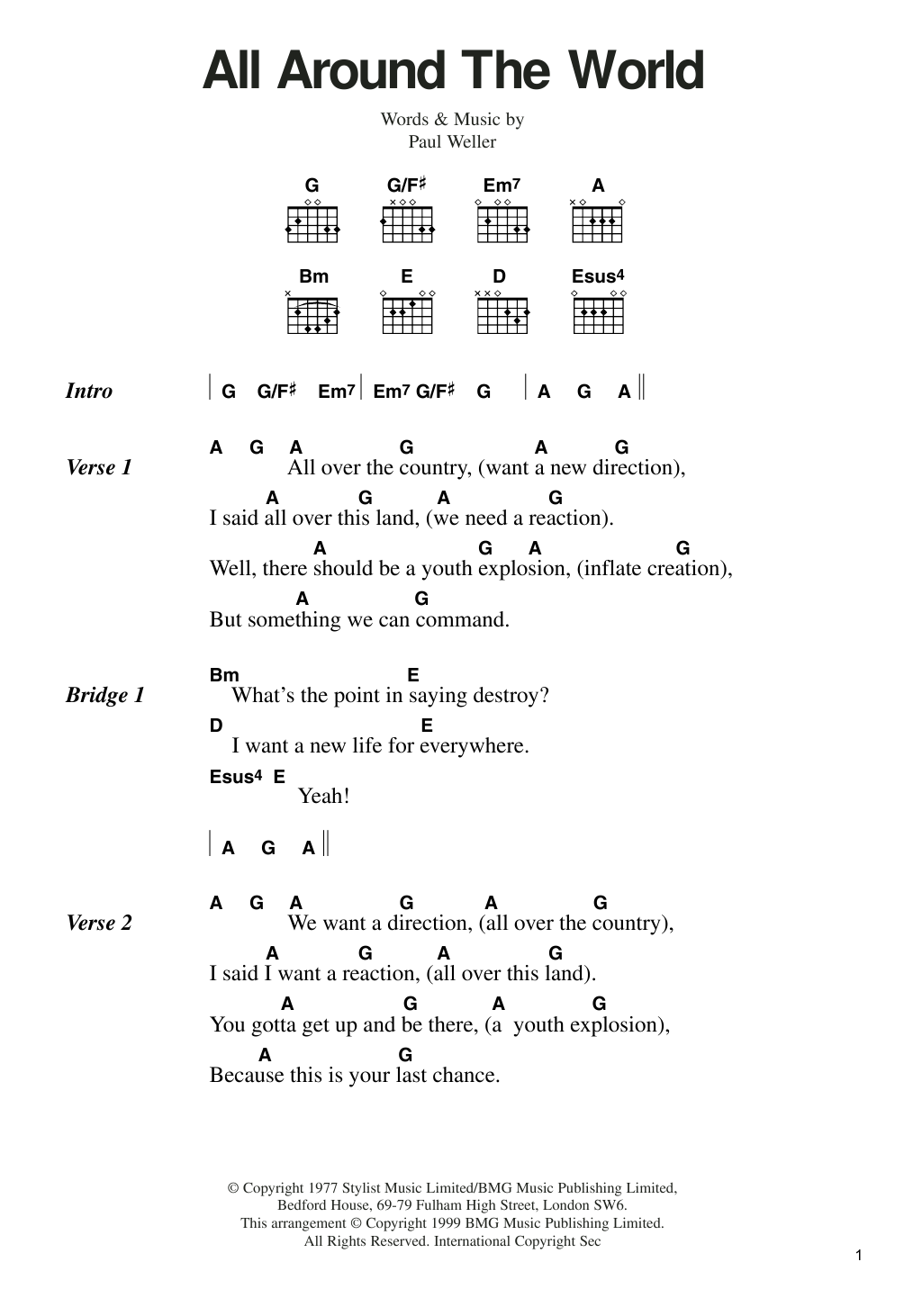 The Jam All Around The World Sheet Music Notes & Chords for Lyrics & Chords - Download or Print PDF