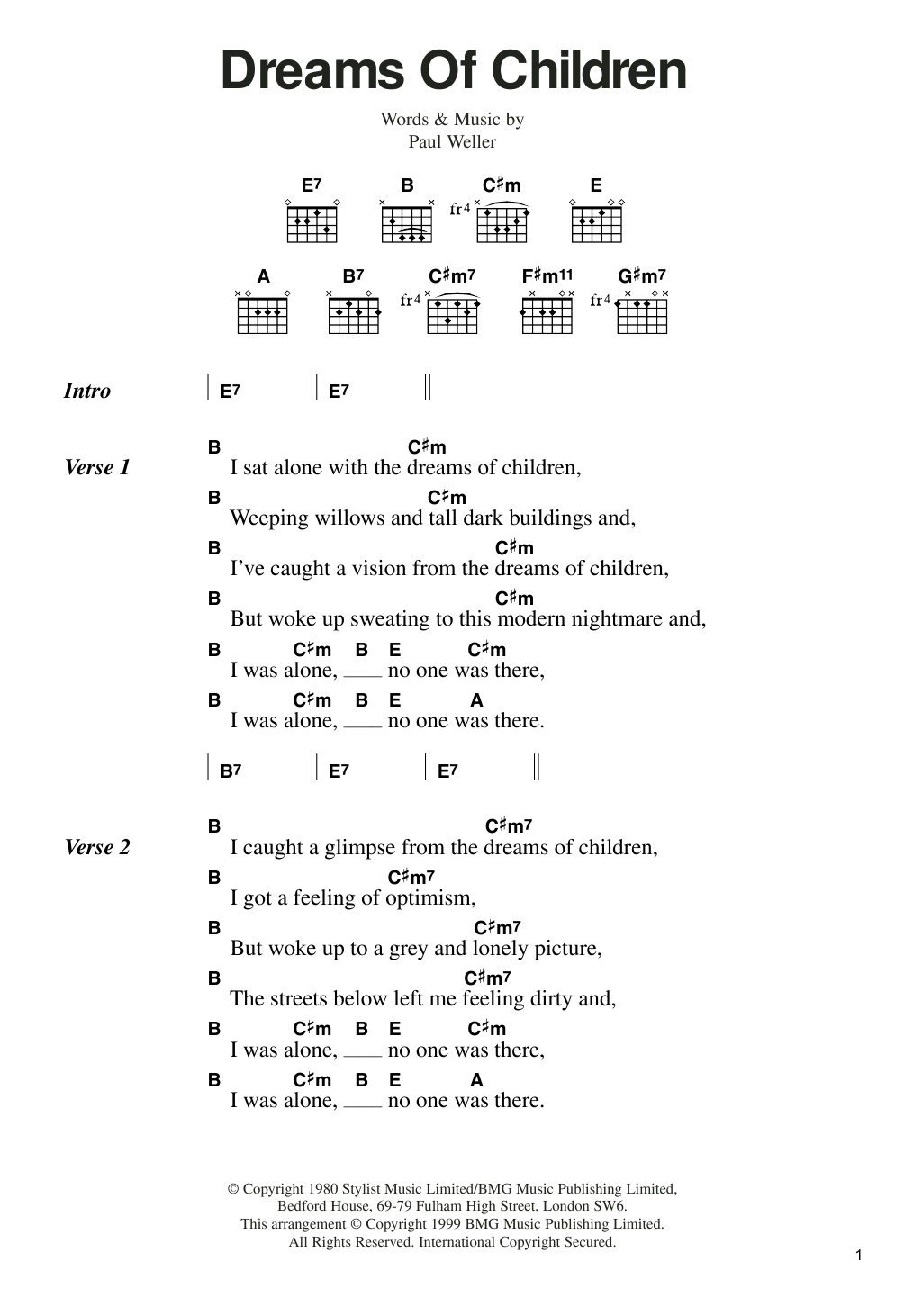 The Jam Dreams Of Children Sheet Music Notes & Chords for Lyrics & Chords - Download or Print PDF