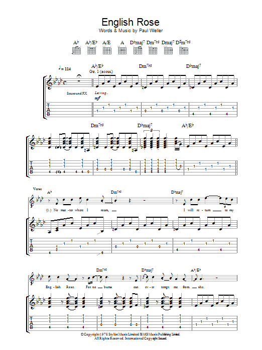 The Jam English Rose Sheet Music Notes & Chords for Piano, Vocal & Guitar - Download or Print PDF