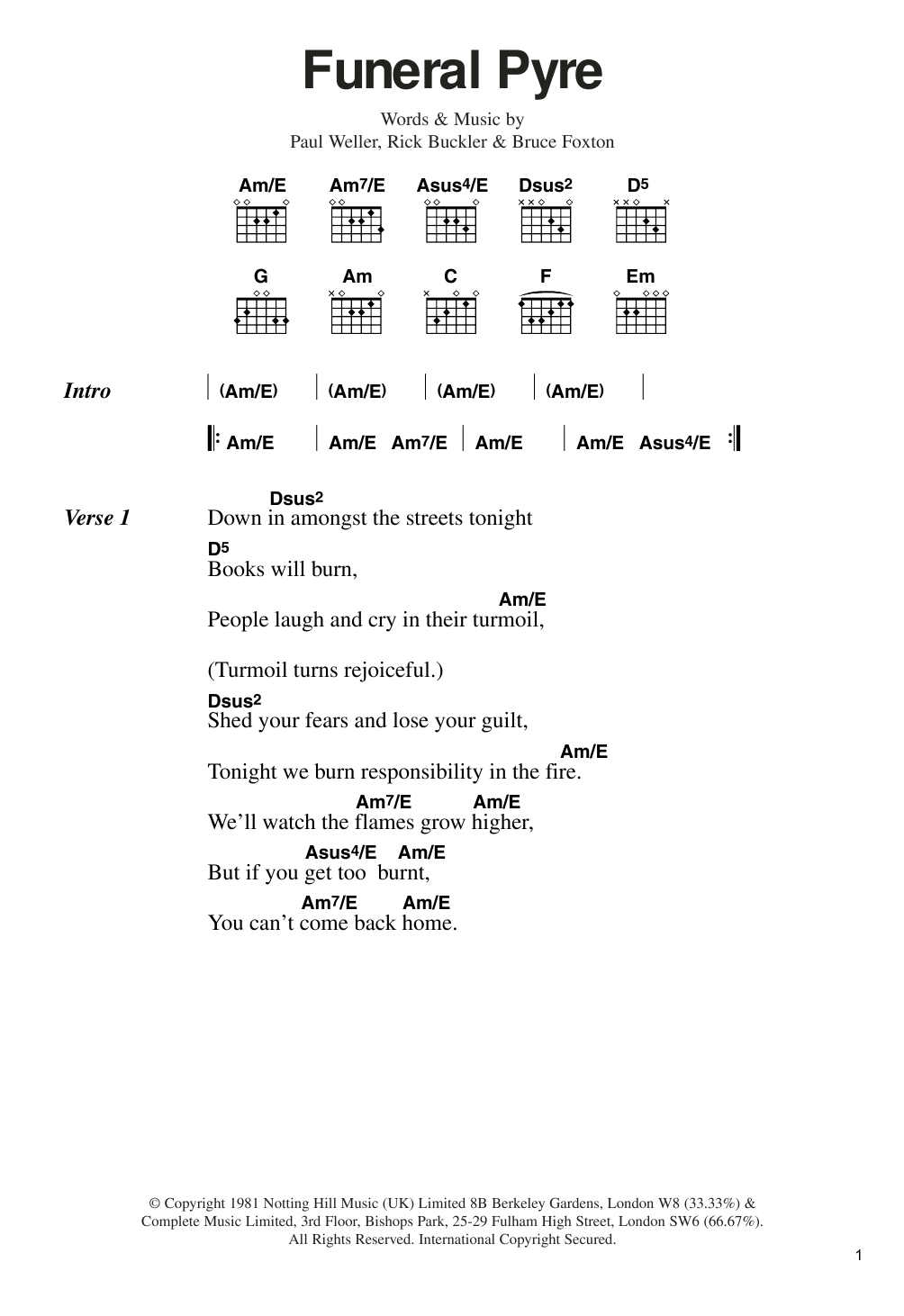 The Jam Funeral Pyre Sheet Music Notes & Chords for Lyrics & Chords - Download or Print PDF