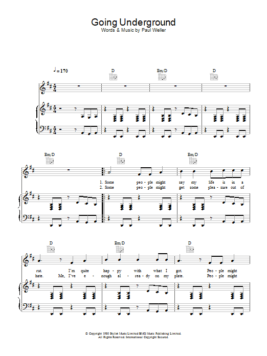 The Jam Going Underground Sheet Music Notes & Chords for Piano, Vocal & Guitar - Download or Print PDF